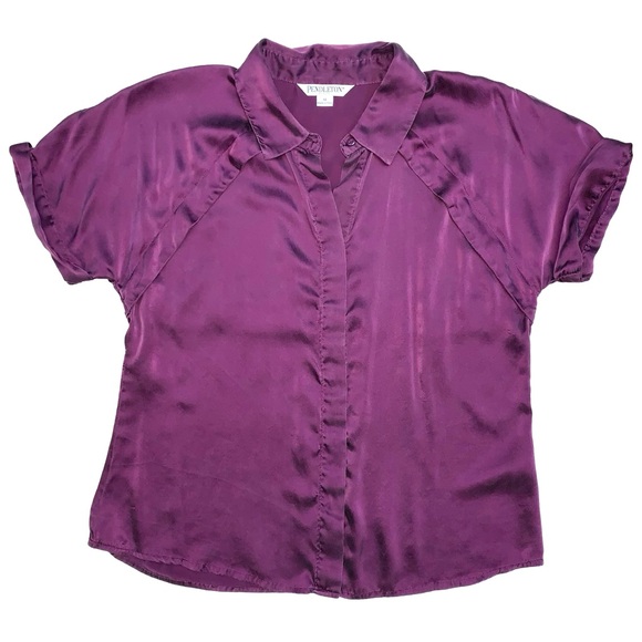 Vintage Pendleton Petite Silk Button Down Blouse Eggplant Short Raglan Sleeves - Picture 1 of 13
